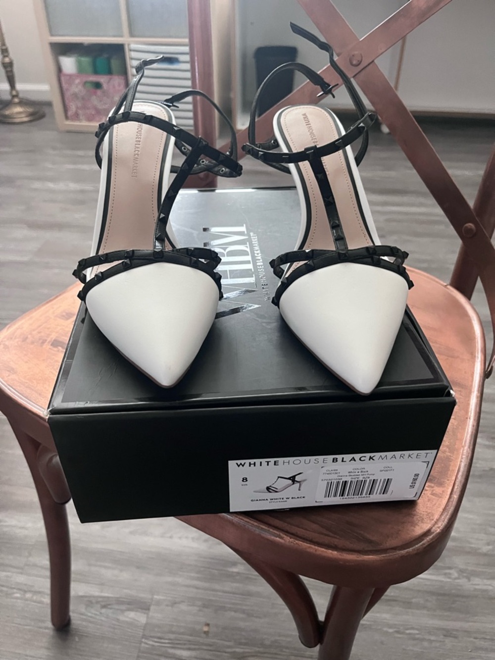 White House Black Market White Pointed T-Strap Heels with Black Trim